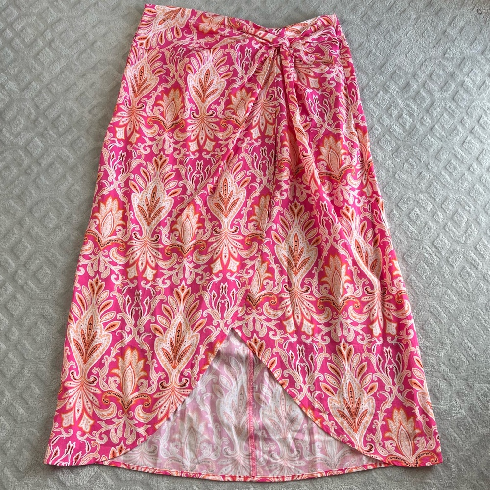 Loft Women’s Melrose Pink Paisley Midi Beach Festival Tied Knot Front Skirt 12